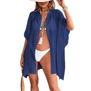 Womens Swimsuit Cover Up Shirts Oversized Beach Bikini Bathing Suit Coverups Beachwear Button Up (Blue, S)