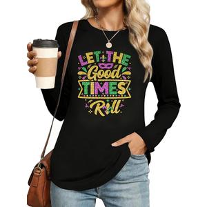 Mardi Shirts for Women: Carnival Glitter Mask Graphic T Shirt Mardi Outfit Fat Tuesday Long Sleeve Tops, L