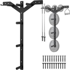 Wall Mounted Weight Plate Rack, 6 Pegs & 4 Barbell Storage Rack, 1190 LBS Capacity Weight Plate Holder, Wall Mounted Bumper Plate Storage for Home Garage Gym, Fit 2" Olympic, Rubber Protection Pads