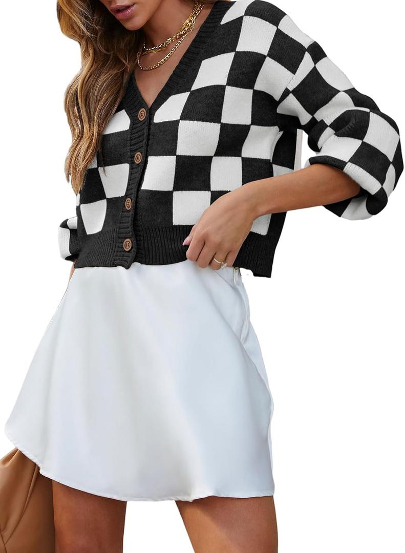 Dokotoo Womens Checkered V Neck Button Down Long Sleeve Cable Knit Cropped Cardigan Sweaters Tops (L)