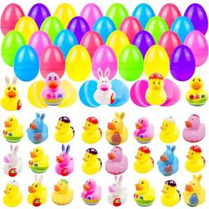24 Pcs Prefilled Easter Eggs with Bunny Duckies,Bright Colorful Easter Eggs Prefilled with Variety Duckies for Fun Bath Bunny Duckies, Easter Basket Stuffers and Bathtub Toys Party Favors