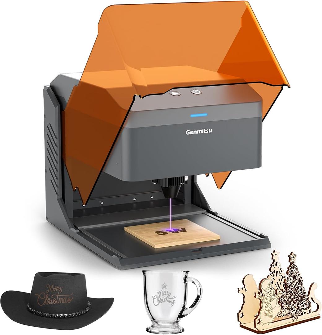 Genmitsu Kiosk 5W 5000mW Laser Engraver, Light Weight & Portable Laser Engraver Machine, Home Laser Cutter with Acrylic Enclosure for Wood/Leather/Metal, 3.9'' x 3.9'' Engraving Area, Safety Class 1