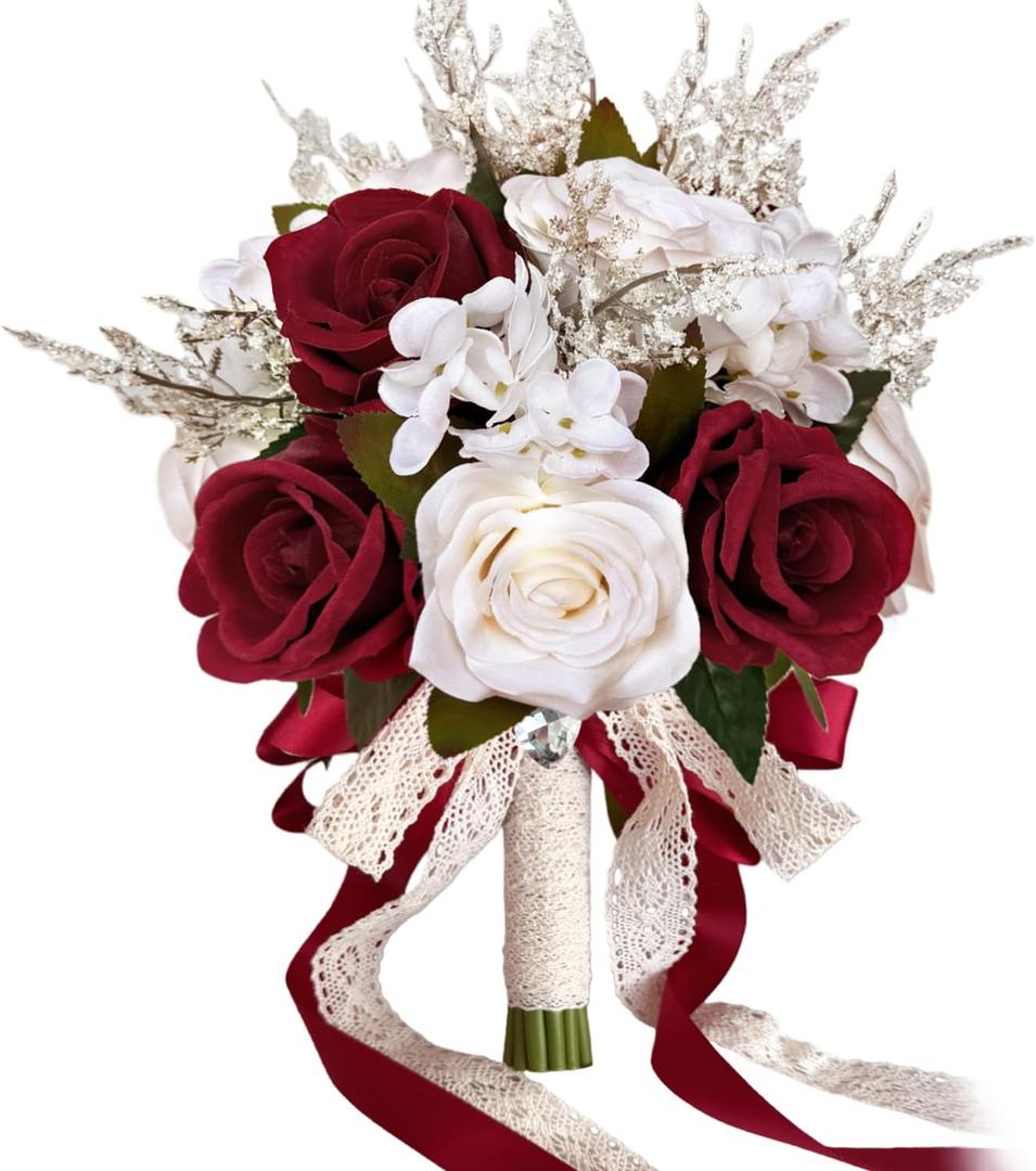 9 Inch Burgundy Wedding Bouquets for Bride Bridesmaid, Dark Red White Champagne Artificial Fake Roses Flowers Bridal Bouquet Winter Fall Boho Rustic Wedding Decoration Toss Bouquet Prom