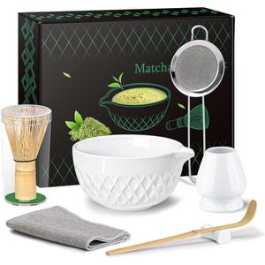 Matcha Whisk Set, 7 Pcs Matcha Kit, Ceramic Matcha Set Includes Matcha Bowl with Spout, Matcha Whisk and Holder, Bamboo Scoop, Scoop Rest, Sifter and Tea Towel (Ceramic White)