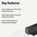 Amazon Basics Electric Automatic Stapler for Desk, 25 Sheet Capacity, No Jam Technology, Adjustable Staple Placement, Battery or AC Powered, Black