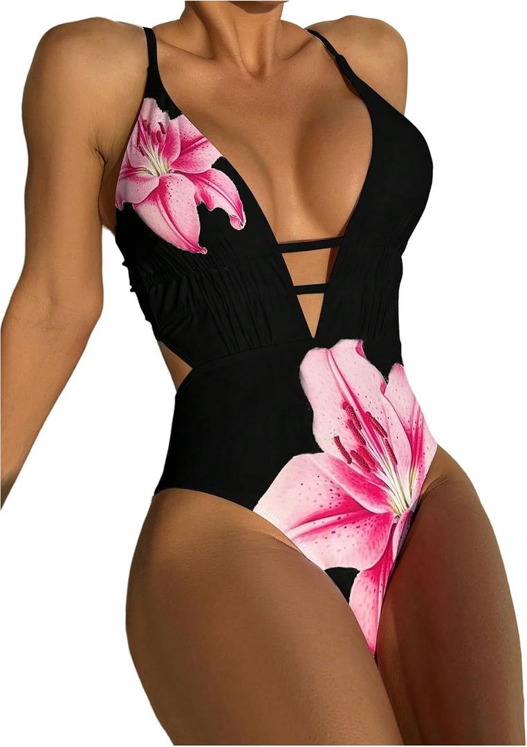 SweatyRocks Women's Floral Deep V Neck Criss Cross One Piece Swimsuit Swimwear Bathing Suit, Medium