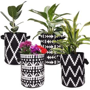 Darware 3 Gallon Grow Bags, Tall Style (Set of 4, Black & White Boho); Fabric Planter Bags in Geometric Design
