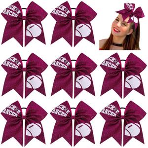 CN 8PCS 7" Breast Cancer Awareness Large Cheer Bows,Hot Pink Ribbon Cheerleading Bows Ponytail Holder for Girls, Glitter Cheer Hair Bows with Elastic Hair Tie for Competition (Pattern B)