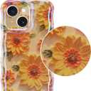 Jusy Compatible with iPhone 14, Colorful Retro Oil Painting Printed Flower Laser Glossy Pattern Cute Curly Wave Phone Case Soft TPU Cover for Girly Women - Sunflower