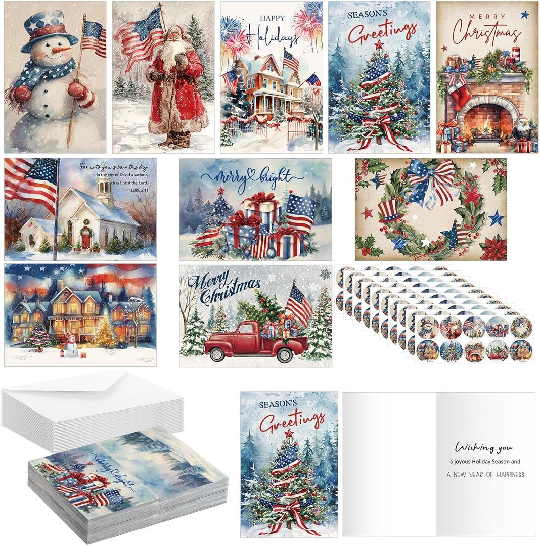 Motiskyy 50 Pcs American Flag Christmas Cards Bulk 10 Styles Patriotic Christmas Greeting Card with Envelopes Stickers Santa Patriotic New Years Cards for Xmas Holiday Supplies