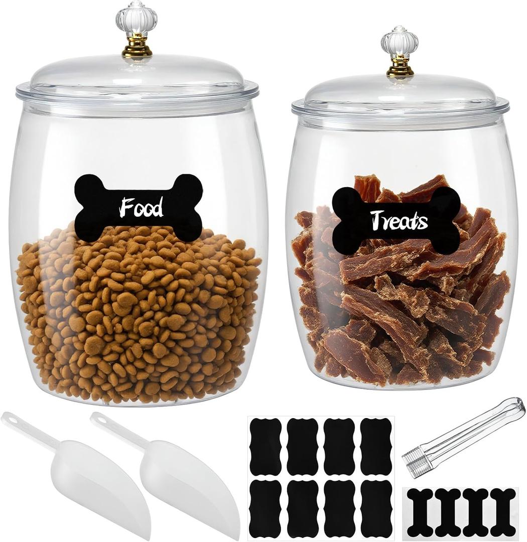 2 Pack Dog Treat Container Airtight, Dog Food Storage Container Dog Treat Jar with Lid 9.8x6.3 & 8.6x5.3 inch Clear Dog Cookie Jar with Scoops,Clamp,Labels for Dog Cat Bird and other Pet