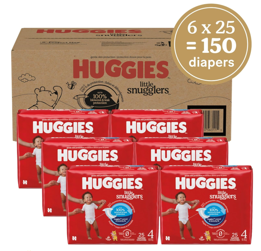 Huggies Size 4 Diapers, Little Snugglers Baby Diapers, Size 4 (22-37 lbs), 150 Count (6 Packs of 25), Packaging May Vary