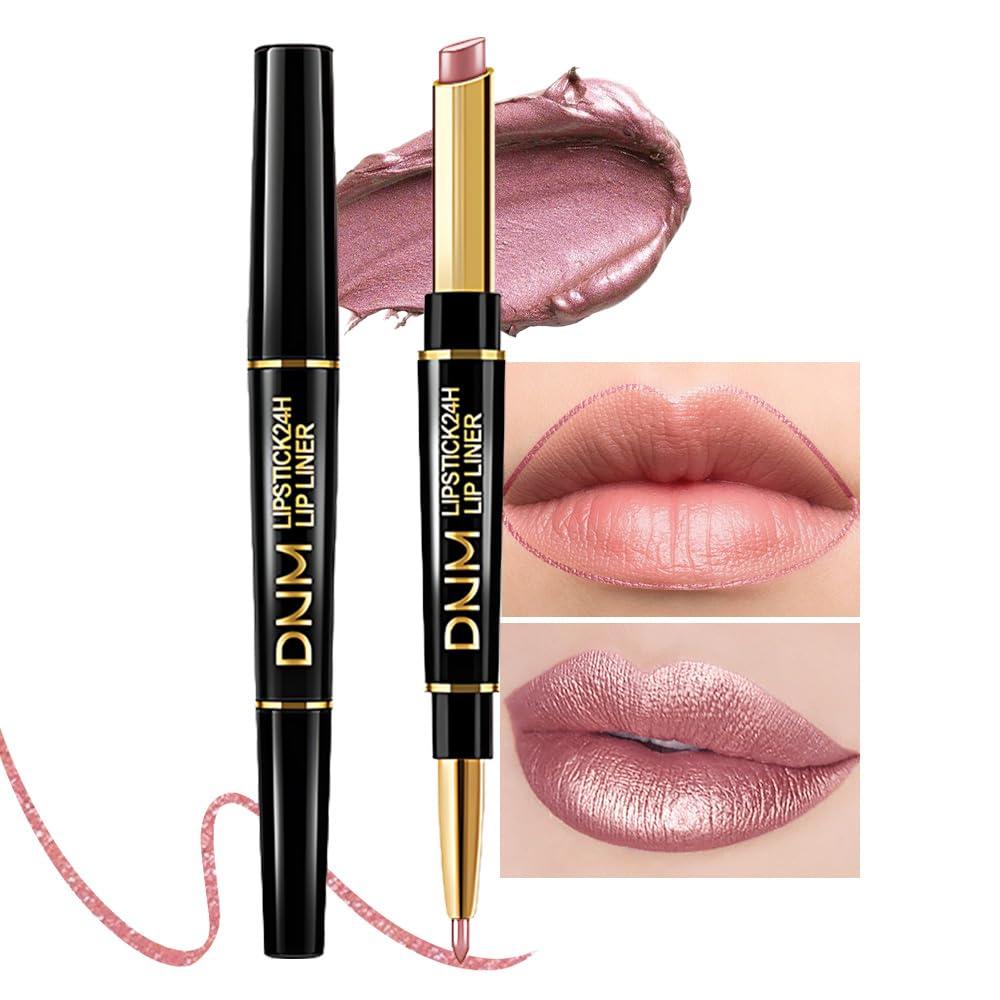 Kaely 2-in-1 Rose Nude Pink Metallic Shine Shimmer Lip Liner & Lipstick Combo Set Kit for Women, Lightweight Hydrating Formula High Impact Full Coverage Lipstick and Lip Liner Makeup Gloss 17