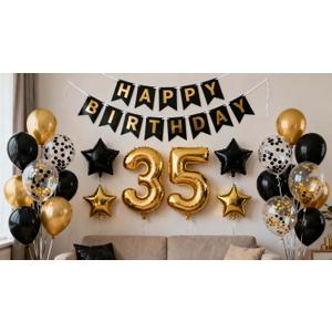 35th Birthday Decorations Black Gold for Men Women, 35th Birthday Banners Number 35 Birthday Balloons Star Foil Confetti Balloons for Cheers to 35 Years Old Birthday Party Decorations (35th)