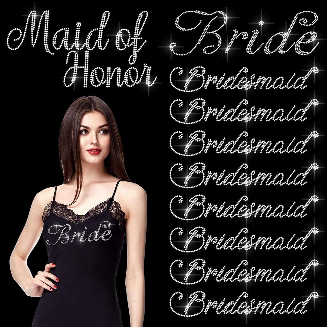 WILLBOND 10 Pieces Rhinestone Bridesmaid Iron on Decals Wedding Iron on Transfer Bride Maid of Honor Heat Transfer Letters Bridal for T Shirt Wedding Bags Clothes Shower Party Glitter Letters