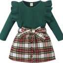 AMAWMW Toddler Baby Girl Fall Winter Clothes Long Sleeve Ruffle Shirt Corduroy Mini Skirt Infant Girl A-line Dress (3-4 Years, A Green + Wine Red Plaid)
