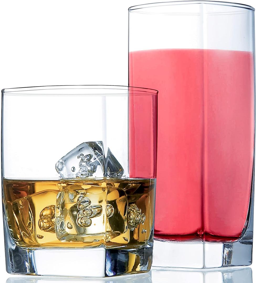 Le'raze Everyday Drinking Glasses Set of 8 Drinkware Kitchen Glasses for Cocktail, Iced Coffee, Beer, Ice Tea, Wine, Whiskey, Water, 4 Tall Highball Glass Cups & 4 Short Old Fashioned.