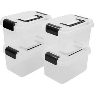 Jekiyo 2.5 Quart Plastic Latching Box, Clear Bin with Black Handle, 4 Packs