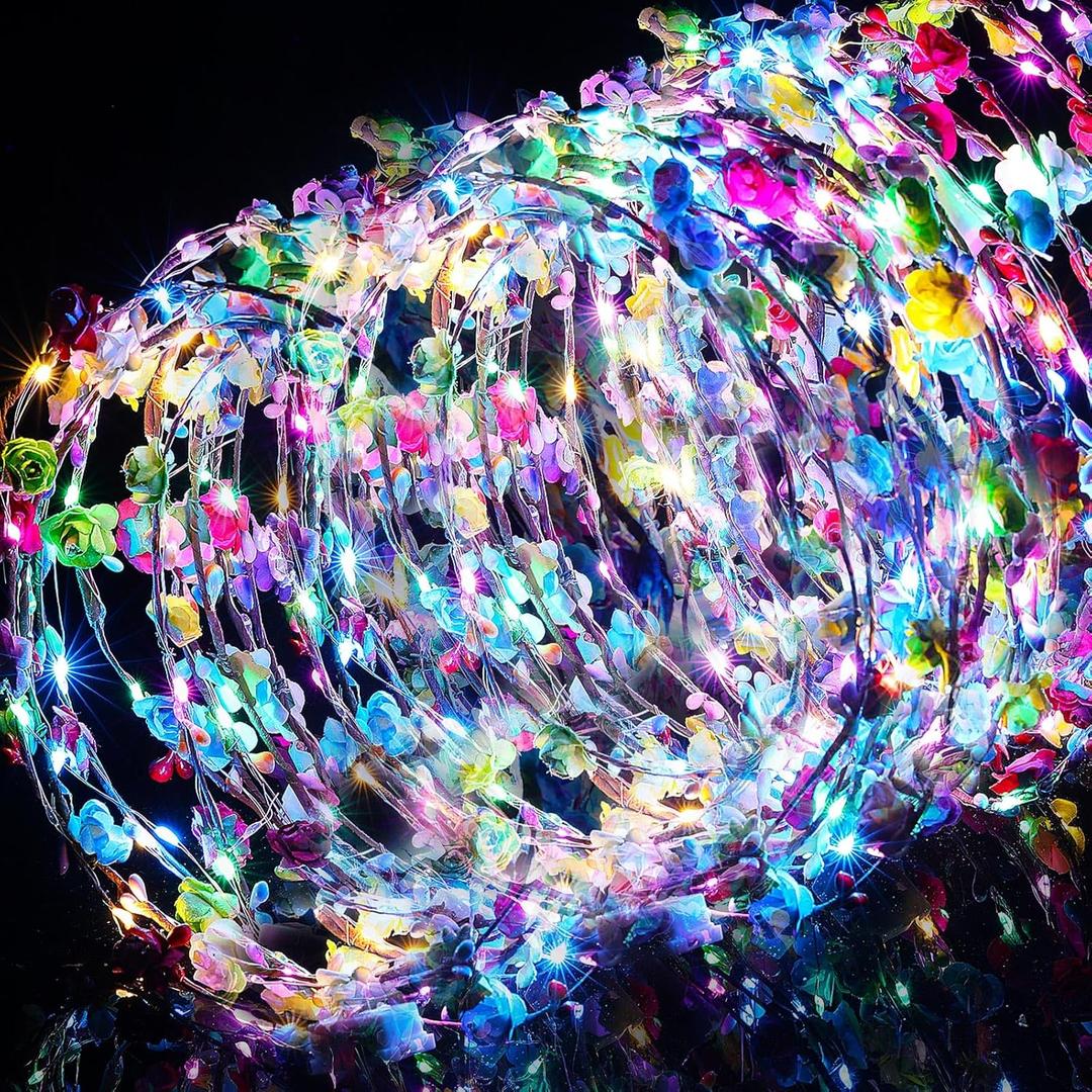 Yunsailing 64 Pcs Mardi Gras Light up Flower Crown Valentine Glow Themed Party LED Headband Girl Headpiece Glowing Floral Headdress(Classic)