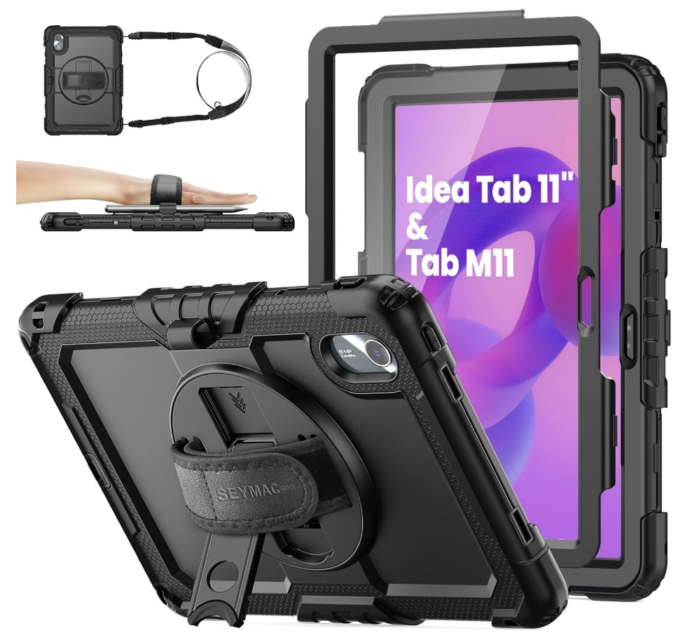 SEYMAC stock Tablet Case for Lenovo Idea Tab 11'' / M11 (TB336FU/TB330FU) 11 inch Drop-Proof Protection Cover with 360° Rotate Stand & Strap [Pen Holder] & Screen Protector 2025/2024, Black