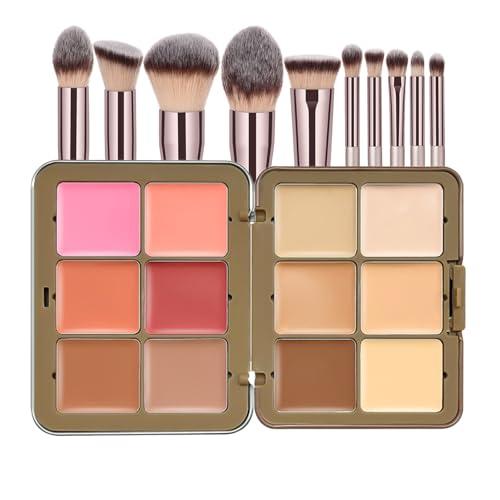 JasCherry 12 Colors Blush Palette, Colour Correcting Concealer Foundation Palette, 10 Makeup Brush Set, Highlighter Bronzer Contour Concealer Cream Matte Long Lasting Brightening Face Cosmetics
