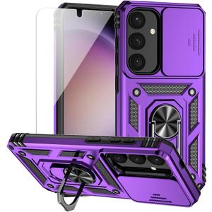 for Samsung Galaxy S24 Case with Camera Lens Cover HD Screen Protector, Dual Layer Military-Grade Drop Tested Magnetic Ring Holder Kickstand Protective Phone Case for Samsung Galaxy S24 (Purple)