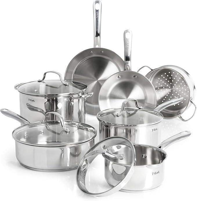 T-fal Stainless Steel Pots and Pans Set 9 Piece, Induction, Oven Broiler Safe 500F, Kitchen Cooking Set w/Fry Pans, Saucepans, Saute Pan, Steamer, Cookware, Dishwasher Safe, Silver