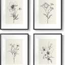 Framed Black and White Botanical Wall Art, Set of 4 Piece Vintage Minimalist Neutral Floral Prints Painting, Farmhouse Rustic Flower Artwork for Bedroom Living Room Fireplace Kitchen Walls, 11x14 Inch