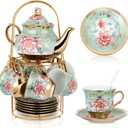 Zhehao Porcelain Tea Set with Metal Holder and Spoon Adult Ceramic Tea Set European Flower Painting Teapot Cup Saucer Spoon for Women Mom Gift, Large Version(Fresh Style,20 Pcs)