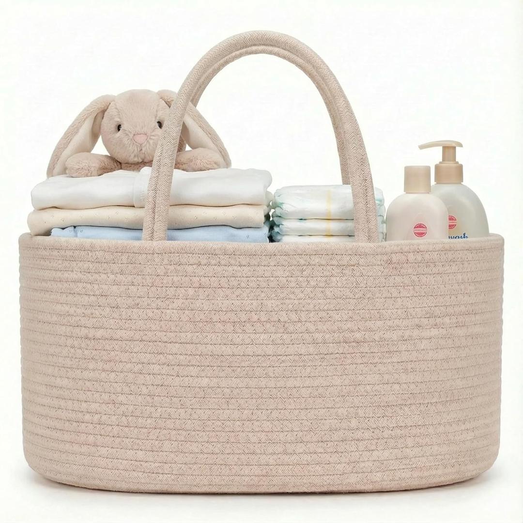luxury little Diaper Caddy Organizer, Large Cotton Rope Nursery Baby Basket, Changing Table Organizer for Baby Diaper Storage, Portable Car Organizer Removable Divider (Oatmeal, Large)