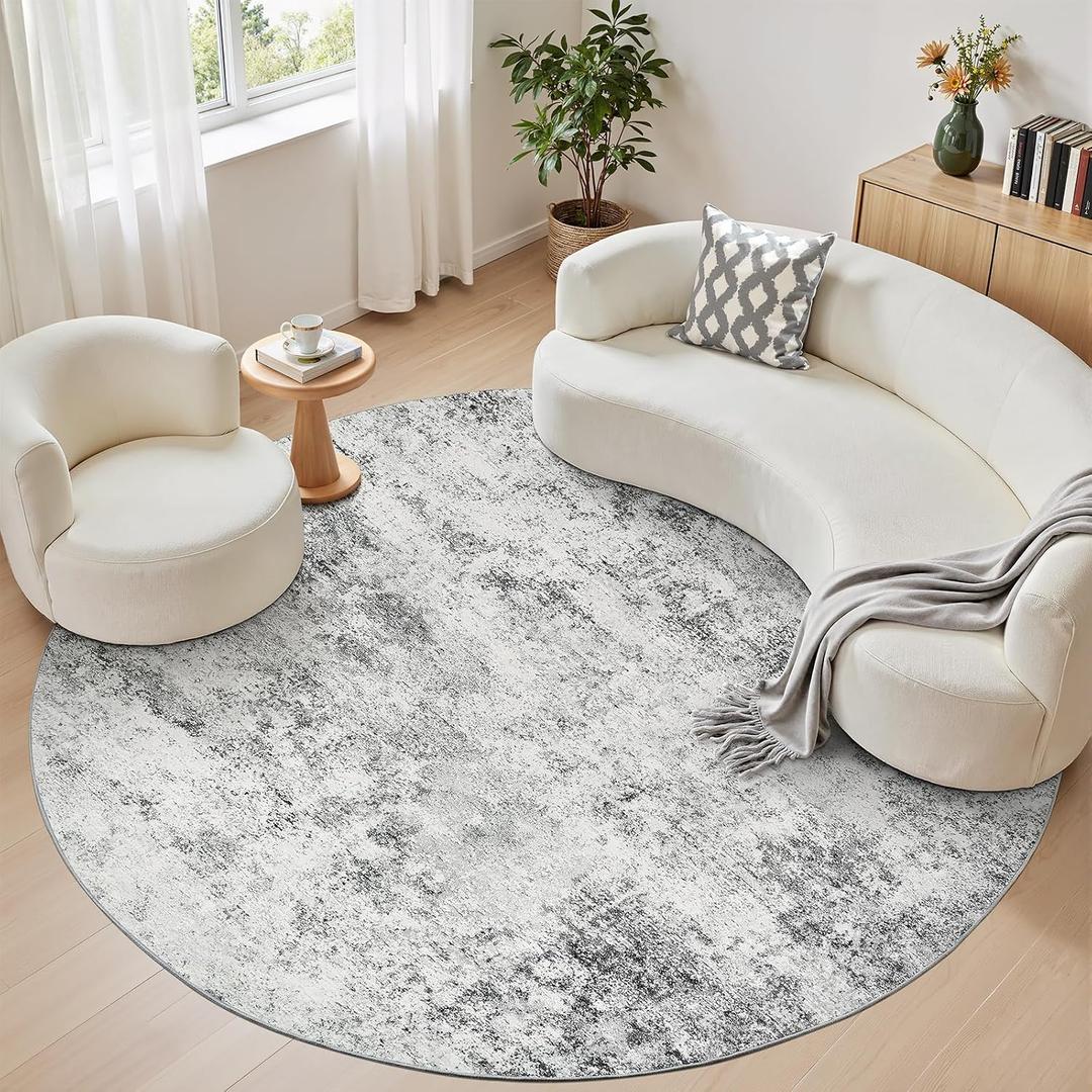 WITSHOCK 8ft Round Area Rug for Living Room: 8x8 Washable Neutral Modern Abstract Soft Thin Rug Indoor Floor No Slip Rug Carpet for Bedroom Under Dining Table Home Office Decor (Gray)