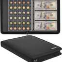 Fireproof Coin Collection Album for Collectors, 300 Pockets Coins Collecting Album & 36 Sleeves Money Storage Case for Coin Currency Collection Supplies, Bill, Pennies, Quarters, Stamp,F65C001B (Large, Black)