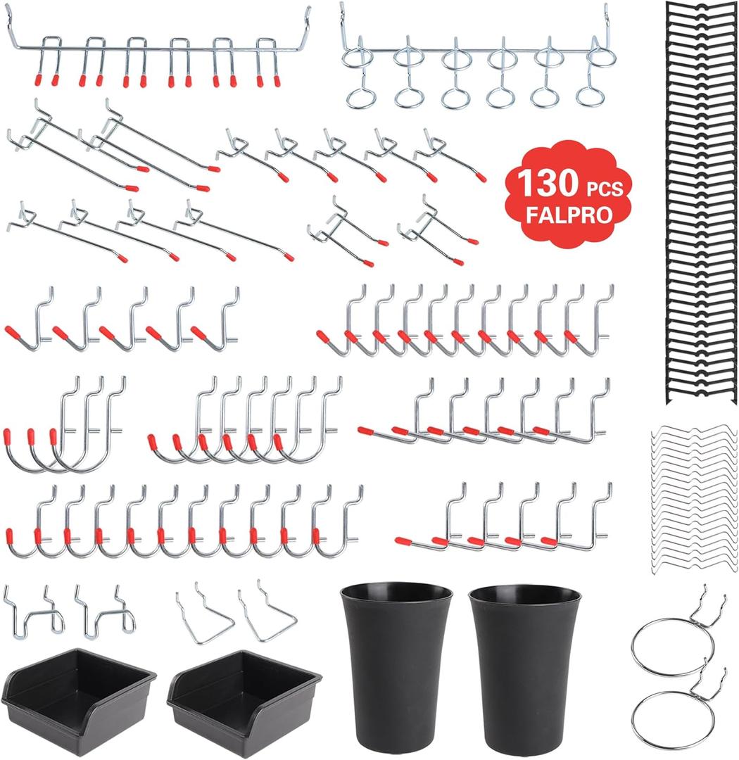 130PCS Pegboard Hooks Assortment - Peg board Hooks for Hanging Tools with Pegboard Bins & Cups,1/8-Inch Pegboard Wall Organizer - Ideal for Organizing in the Garage Kitchen Workbench Craft Room
