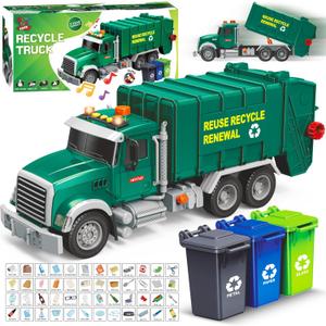 MOBIUS Toys Garbage Truck Toy  Recycling Vehicle for Boys with 3 Garbage Cans + 48 Flash Cards  Push & Go, Lights & Sounds  Multi-Functional Trash Truck w/Moving Parts for Ages 3-8
