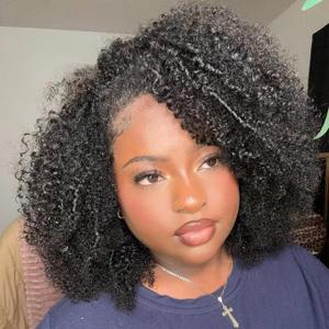 Domiso Afro Kinky Curly 3 In 1 Half Wig with Drawstring Seamless Kinky Curly Flip Over Glueless Wear & Go Elastic Band Clip in Wig Human Hair Black Color Headband Bob Wig 12 Inch