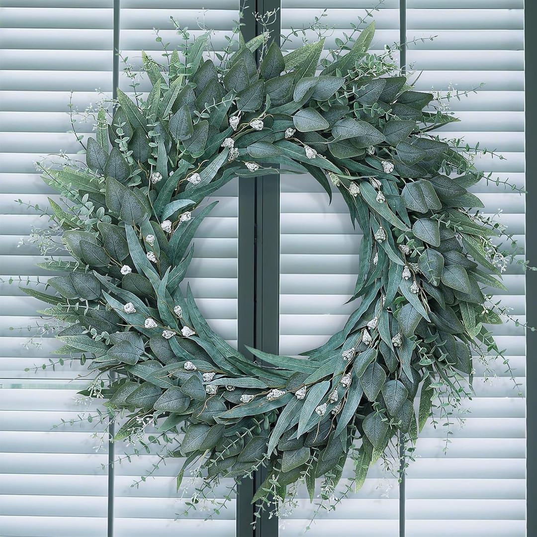 32" Eucalyptus Wreath for Front Door - Large Artificial Greenery Outdoor Wreath for Porch, Window, Farmhouse, Home, Holiday, Hanging Decor- Spring, Summer, Fall, All Seasons (Green)