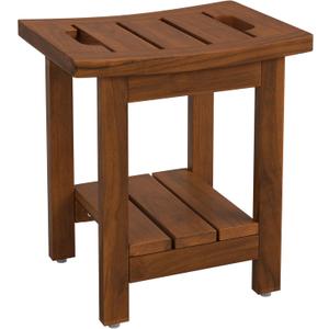 14" Teak Shower Stool, Waterproof Teak Shower Bench with Shelf & Handle for Bathroom, 300 Lbs Capacity, Brown Teak Color