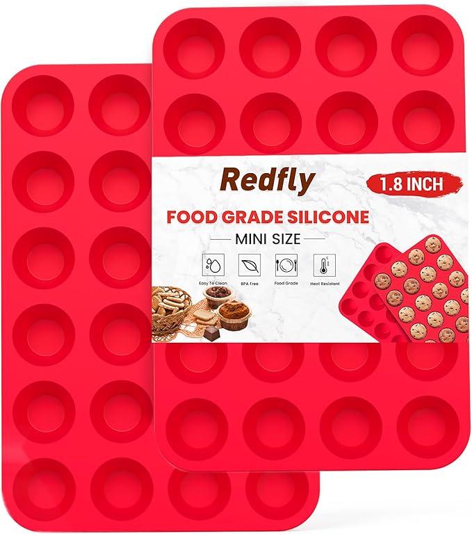 Redfly Silicone Mini Muffin Pan, 24 Cup Cupcake Pans & Egg Bites Molds for Baking