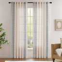 Jinchan Boho Curtains Linen Blend Beige Farmhouse Curtains 84 Inches Long for Living Room Blue Square Embroidered Bordered Back Tab Bedroom Window Light Filtering Bohemian Drapes 2 Panels