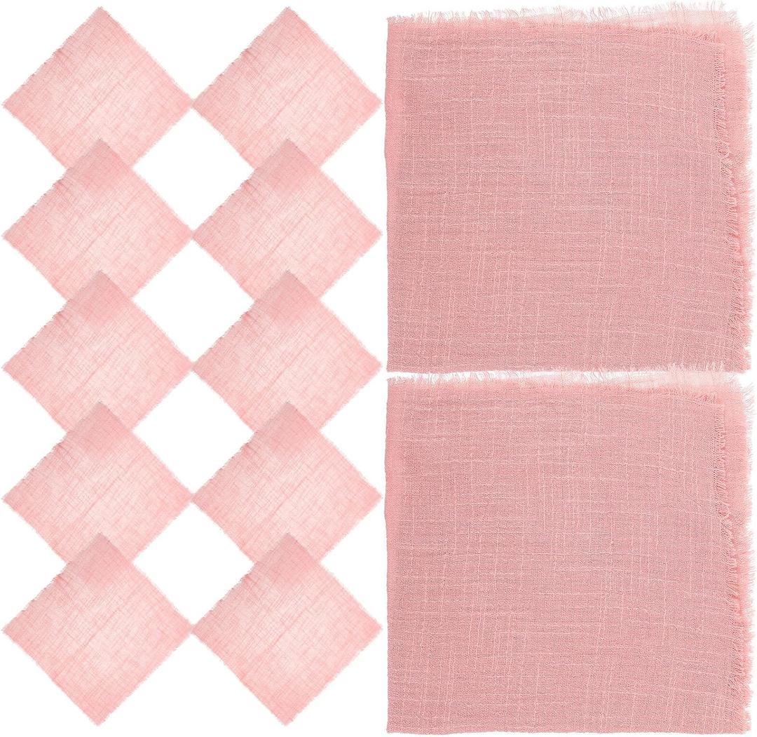 12pcs Washable Cotton Linen Cloth Napkins Fringed Edges, Soft Reusable Table Napkins for Weddings, Restaurants, and Indoor Dining in Lotus Pink 16x16