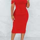 Women's Sexy Off Shoulder Sleeveless Bodycon Ruched Midi Elegant Cocktail Evening Party Night Tube Dresses (Red, L)