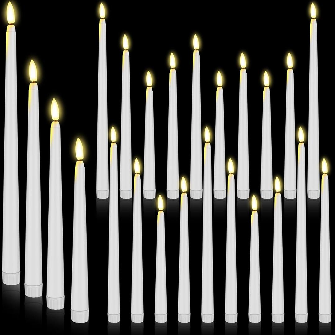 24 Pcs Flameless LED Taper Candles Battery Operated Candles 8.58'', 9.69'', 10.98'', 12.91'', 12.8'' Flameless Candlesticks Flickering for Halloween Christmas Church Wedding(White)