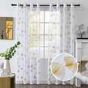 youleyar Gold Foil Print Voile Sheer Curtains, Leaves Grommet Top Window Drapes 96 Inches Long, Luxury Metallic Bronzing Treatment Panels for Home Window Decoration, 2 Panels