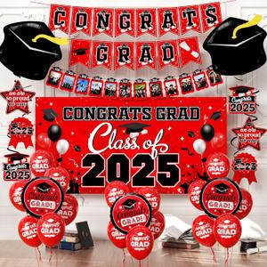 Graduation Decorations Class Of 2025,Graduation Backdrop Sign,Congrats Grad Banner,Hanging Swirls,Grad Balloons For Men Women Graduation Party Decorations (Bright Red)