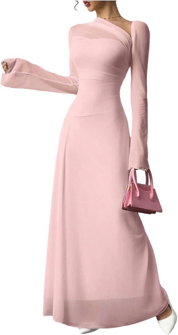 GORGLITTER Women's Mesh Sheer Bell Long Sleeve Maxi Dress Prom Wedding Guest Dress Slip Party Cocktail Slimming Dresses (Pink, S)