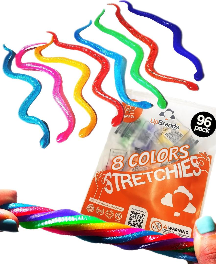 UpBrands 96 Stretchy Snakes Toys 6 Inches Bulk Set, 8 Glitter Colors, Kit for Birthday Party Favors for Kids, Goodie Bags, Easter Egg Basket Stuffers, Pinata Filler, Small Classroom Prizes