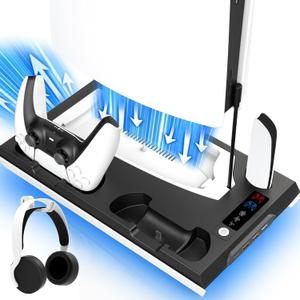 PS5 / PS5 Slim Cooling Station with Dual Controller Charging Station, PS 5 Cooling Stand for PlayStation 5 Console, Headset Holder/ PS 5 Cooling Fan/4 USB Hub All in One Accessories Organizer, Black