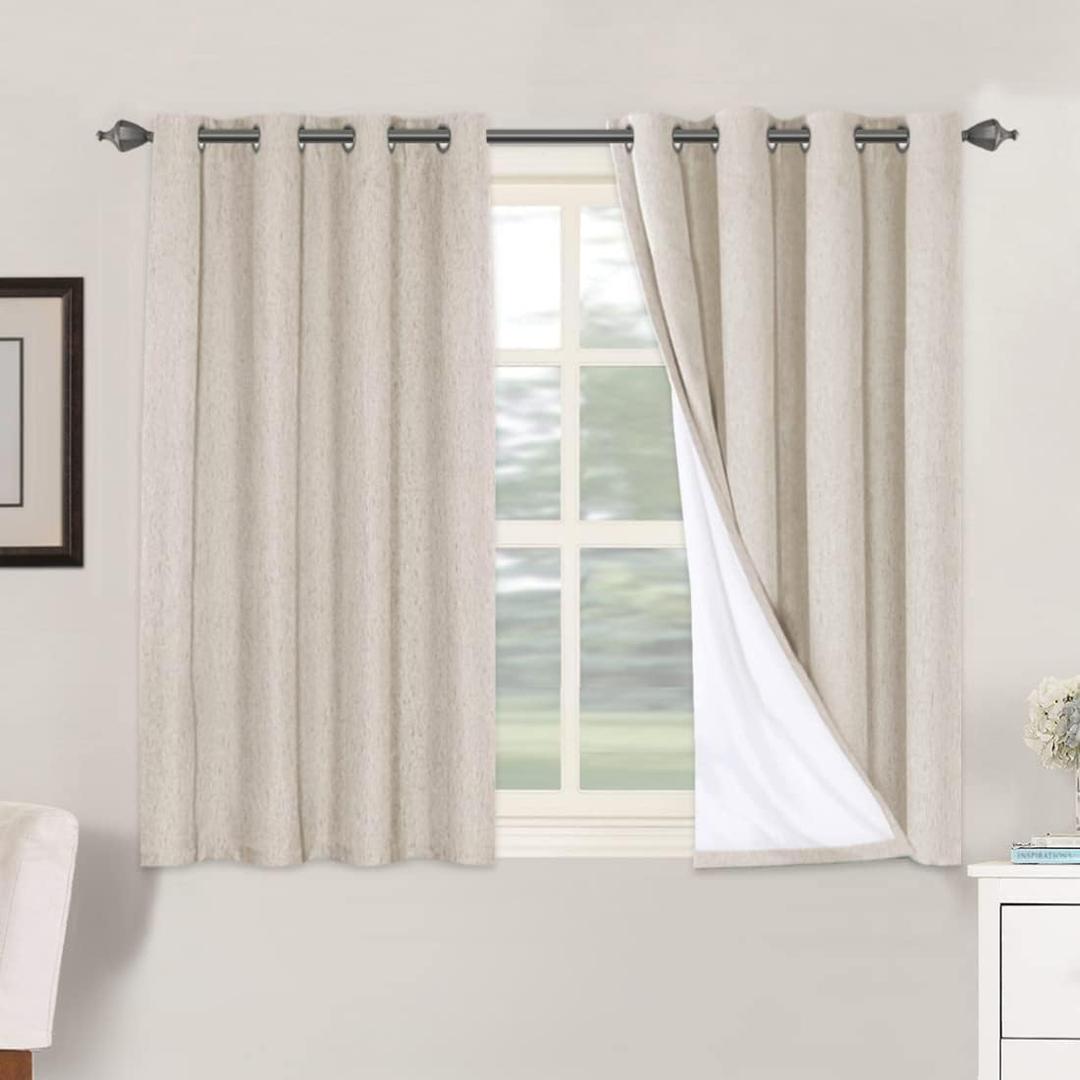 H.VERSAILTEX Linen Blackout Curtains 45 Inches Long 100% Blackout Thermal Insulated Textured Linen Look Curtain Draperies Anti-Rust Grommet, Energy Saving with White Liner, 2 Panels, Natural, 52"W x 45"L