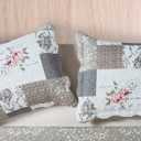 Brilliant Sunshine Rose and Grey Toile Patchwork Pillowshams Set, Quilted Standard Pillowcases, 20x26 with 2" Flange, Scalloped Edge Pillow Covers, Pack of 2, Rose Grey