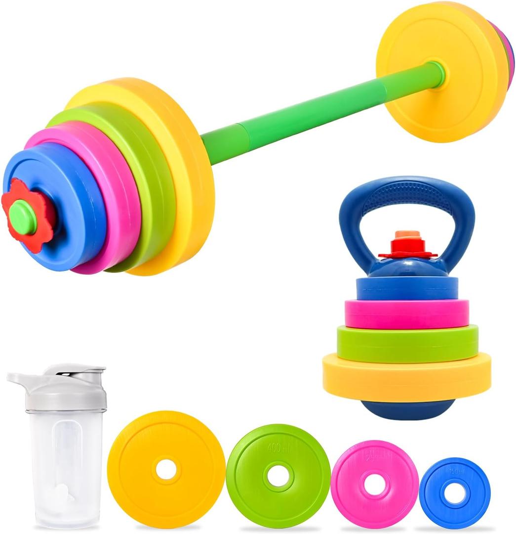 3-in-1 Kids Fitness Set with Adjustable Barbell, Kettlebell & Reusable Water Bottle Kids Gym Equipment for Pretend Play Exercise, Fun Fitness Toys for Boys & Girls Home Workout